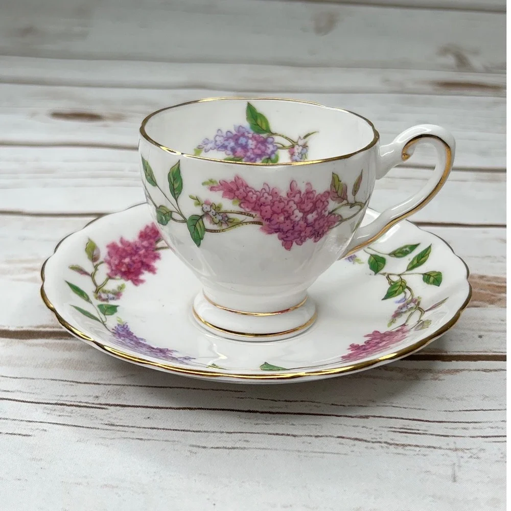 Tuscan Tea Cup and Saucer Lilac Time White Purple Floral Gold Trim Vintage Set